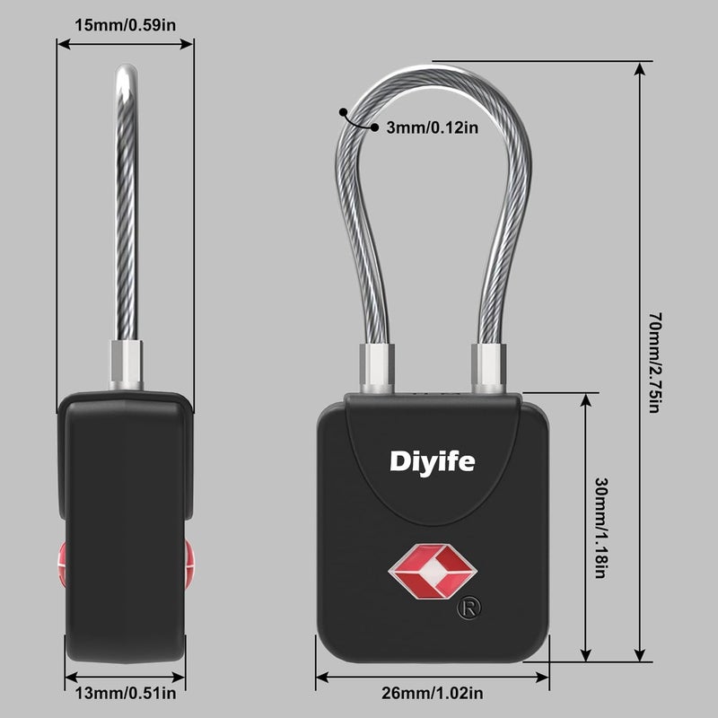 Diyife أقفال الأمتعة مع مفتاح، [عبوة 2] أقفال أمتعة معتمدة من TSA، أقفال حقائب، قفل سفر صغير مع كابل فولاذي من سبائك الزنك مثالي للحقائب، الحقائب، صندوق الأدوات، الحقيبة (أسود) - Image 4